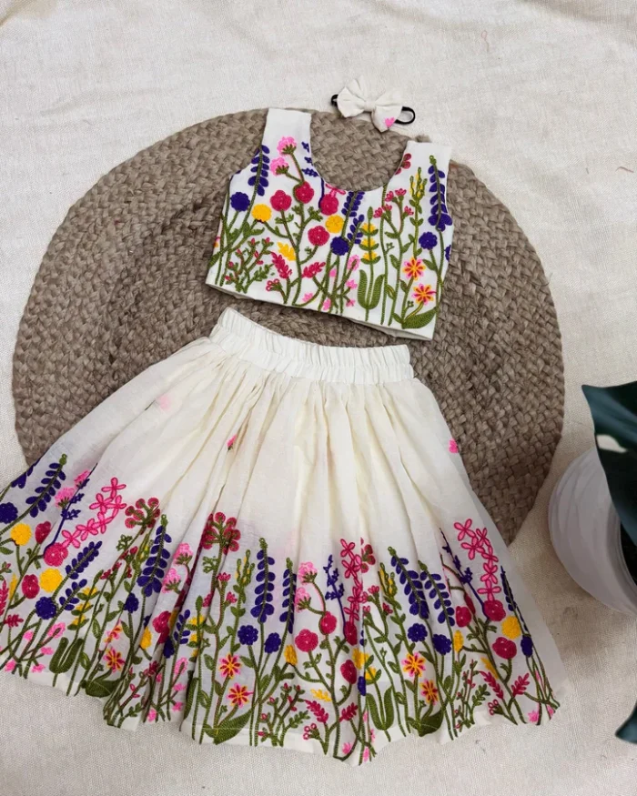 Ivory Floral Embroidered Kids Lehenga Set - Image 3