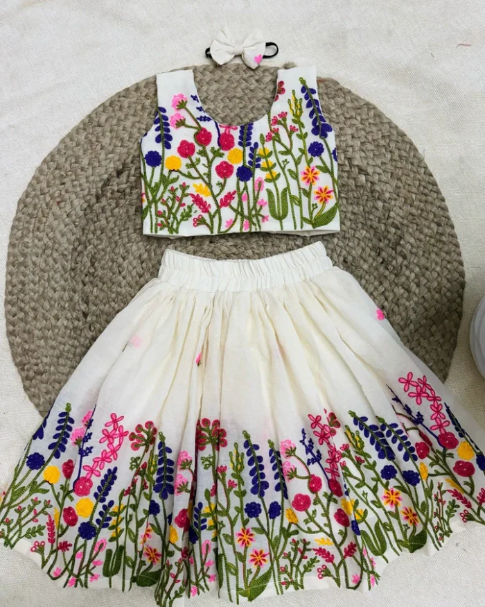 Ivory Floral Embroidered Kids Lehenga Set - Image 4