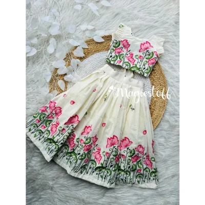 Kids’ Hand-Painted Lotus Lehenga Set