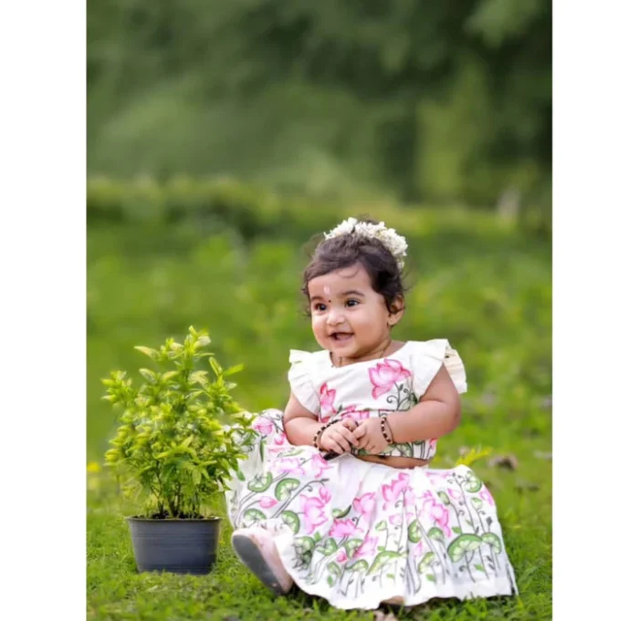 Kids’ Hand-Painted Lotus Lehenga Set - Image 3