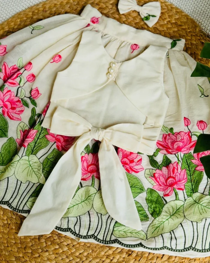 Ivory & Pink Lotus Embroidered Co-ord Set for Girls - Image 4