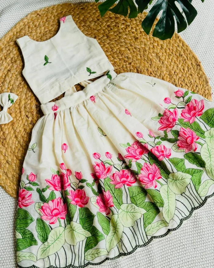Ivory & Pink Lotus Embroidered Co-ord Set for Girls - Image 2