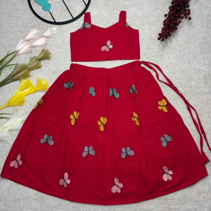 Stylish Butterfly Embroidered Kids Outfit – Red - Image 4