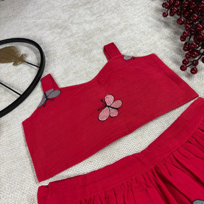 Stylish Butterfly Embroidered Kids Outfit – Red - Image 3