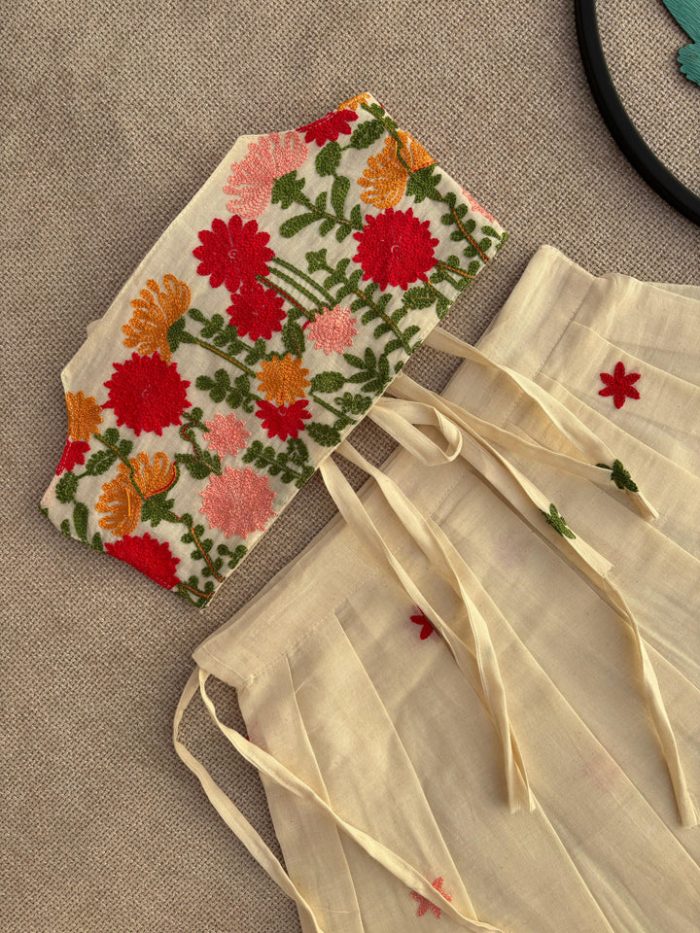 Cream Floral Embroidered Lehenga Choli Set for Girls - Image 2