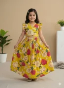 Girls Yellow Floral Crop Top & Skirt Set