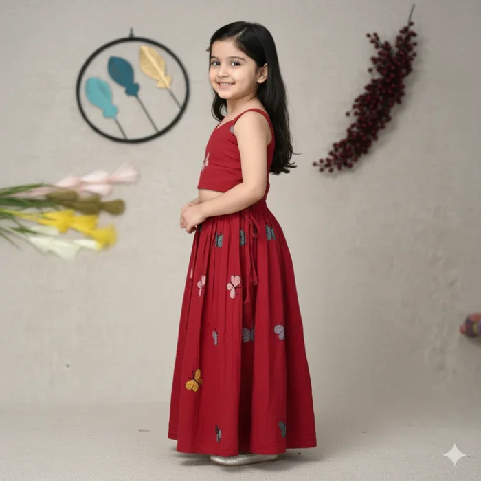 Stylish Butterfly Embroidered Kids Outfit – Red - Image 2