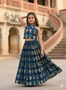 Girls’ Ethnic Printed Crop Top with Flared Skirt