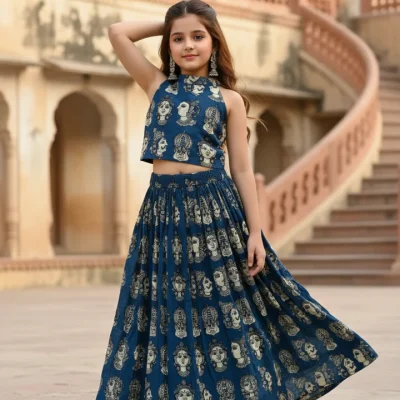 Girls’ Ethnic Printed Crop Top with Flared Skirt