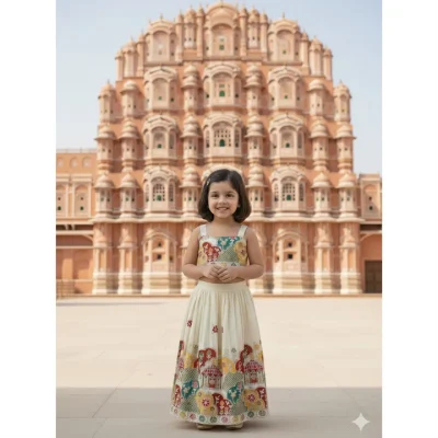 Girls Off-White Floral Embroidered Lehenga Choli Set