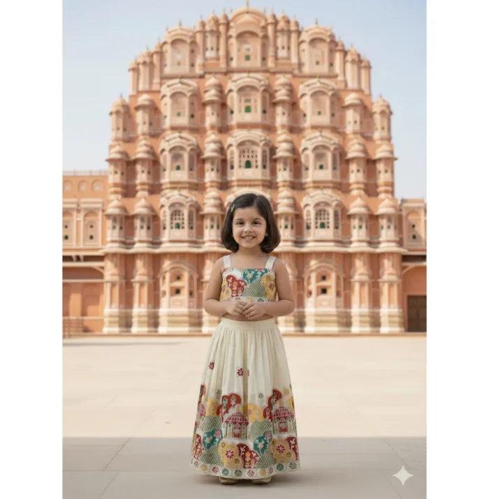 Girls Off-White Floral Embroidered Lehenga Choli Set