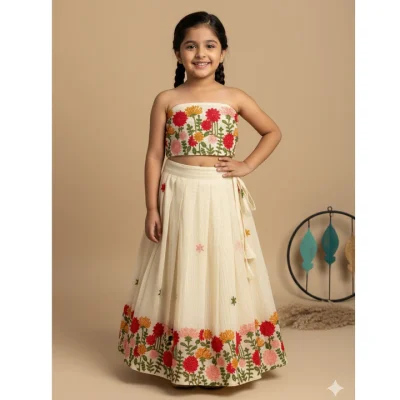 Cream Floral Embroidered Lehenga Choli Set for Girls