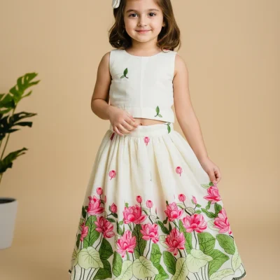 Ivory & Pink Lotus Embroidered Co-ord Set for Girls