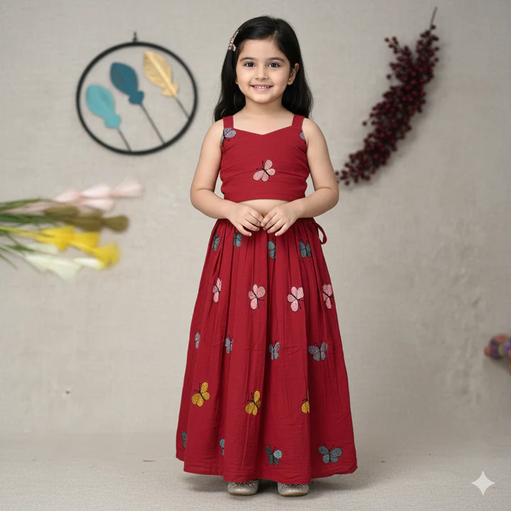 Stylish Butterfly Embroidered Kids Outfit – Red