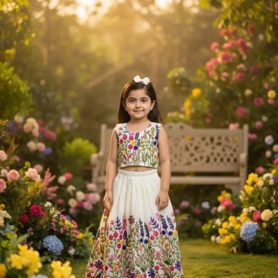 Ivory Floral Embroidered Kids Lehenga Set